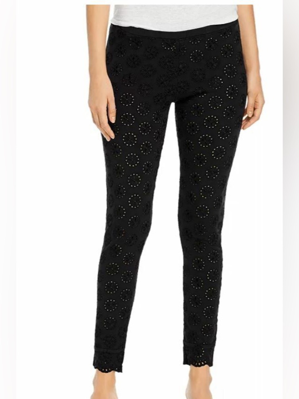 Johnny Was Stretch Tonal Eyelet Cotton summer beach Leggings Black Sz Small